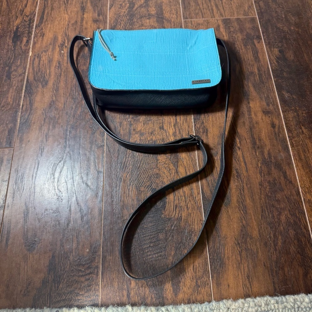 Rareform Recycled Billboard Vinyl Crossbody Bag Cyan Blue Black Adjustable Strap